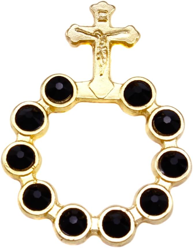Rosary Swarovski Crystals One Decade Black Beads Gold Finish Ring