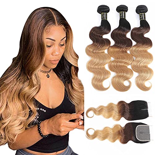 QTHAIR Ombre Body Wave Bundles With Closure 10A Brazilian Virgin Hair T1B427 Ombre Body Wave Human Hair Bundles 16 18 20 with 14 in 4x1 T Part Middle Part Closure