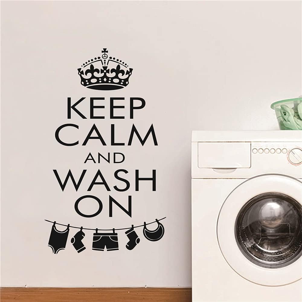 Laundry Room Wall Decal Keep Calm and Wash ON Quote Decoration Stickers Drying Cleaners Washing Room Sign Logo Stickers TM-40 Black