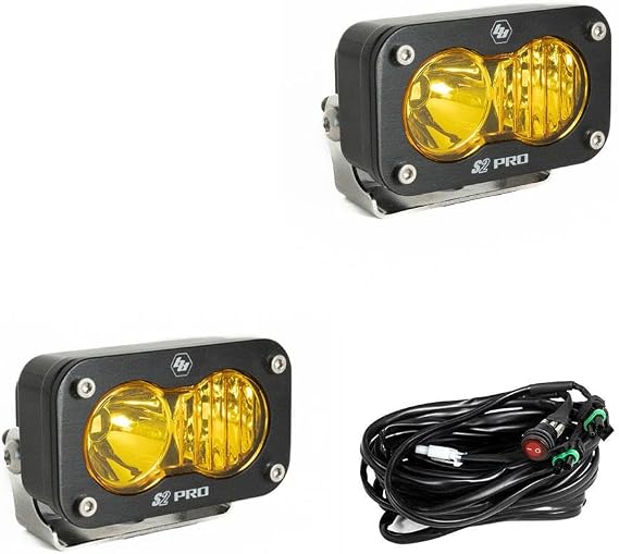 Baja Designs S2 Pro LED Auxiliary Light Pod Pair with Wiring Harness - Universal Off-Road Lights for Trucks, Wranglers, UTVs & 4x4s - Driving/Combo Beam, Baja Amber Lens