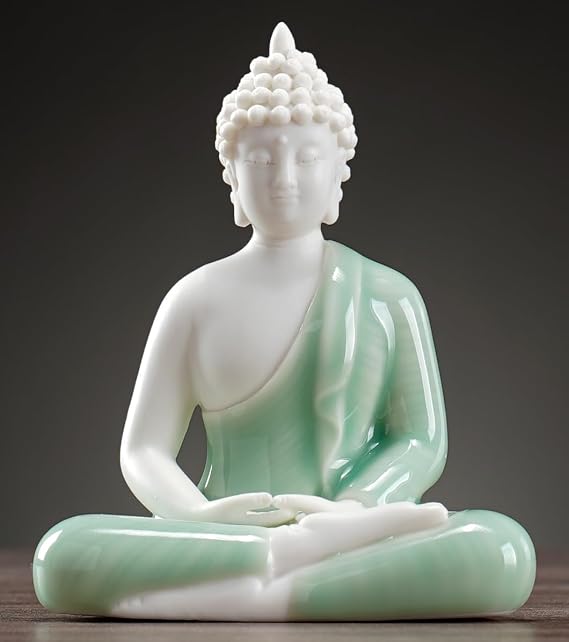 Houlu Small Green Buddha Statue for Home Decor, Decorative Ceramic Meditation Buddha Statue Indoor and Outdoor, 4.3 Inches