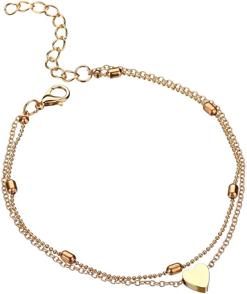 KFRS Anklets for Women, 2 Layered Heart Pendant Ankle Bracelets, Adjustable Beads Foot Chain Women's Anklets, 215cm Anklet Jewelry for Women and Girls Mom Sisters