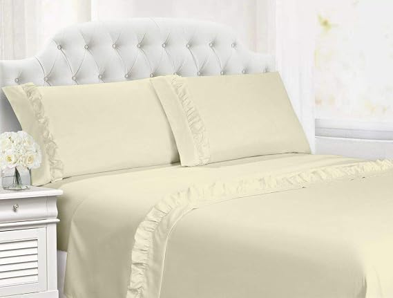 Shabby Chic Ruffled 6-psc Sheet Set 100% Egyptian Cotton 1200 Thred Count Cottage French Country Style Frilled Bed Sheets, 18'' Inch Deep Pocket (Ivory, Twin 39 x 75)