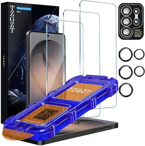TZGZT 3 Pack for Samsung Galaxy S26 Ultra Screen Protector Tempered Glass, Automatic 0 Bubble Installation, Aluminum Metal Camera Lens Protector Accessories, Case Friendly, 10X Stronger Shatterproof