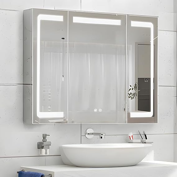 Stainless Steel LED Mirror Cabinet,Bathroom Mirror Cabinet with Light,3 Color,Dimmable,Equipped with Defogger,USB Shavor Socket,Internal Light,91cm×81cm
