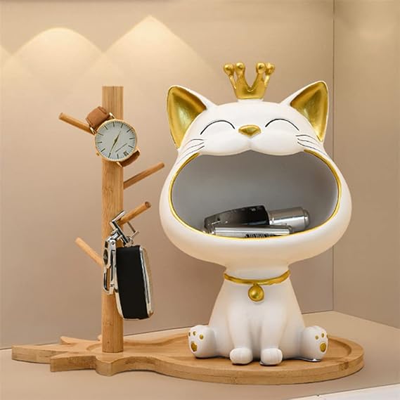 Key Bowl for Entryway Table, Lucky Cat Statue Candy Dish for Office Desk Art Home Decor