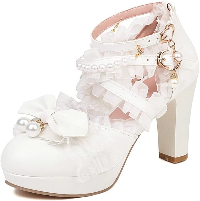 DINTAHA Womens Platform Chunky Mary Janes Kawaii Goth Lolita Cosplay Shoes Pearl Wedding Heels with Bow