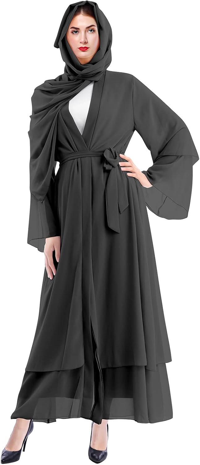 OBEEII Women Muslim Abaya Long Sleeve Chiffon Maxi Dress Loose Full Cover Islamic Robe Kaftan Abayas