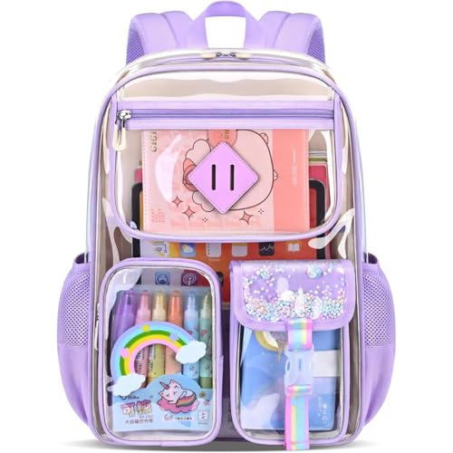 Clear Transparent Backpack for kids,Heavy Duty PVC Cute School Bookbag for Girls Boys Stadium Approved See Through Backpack PURPLE