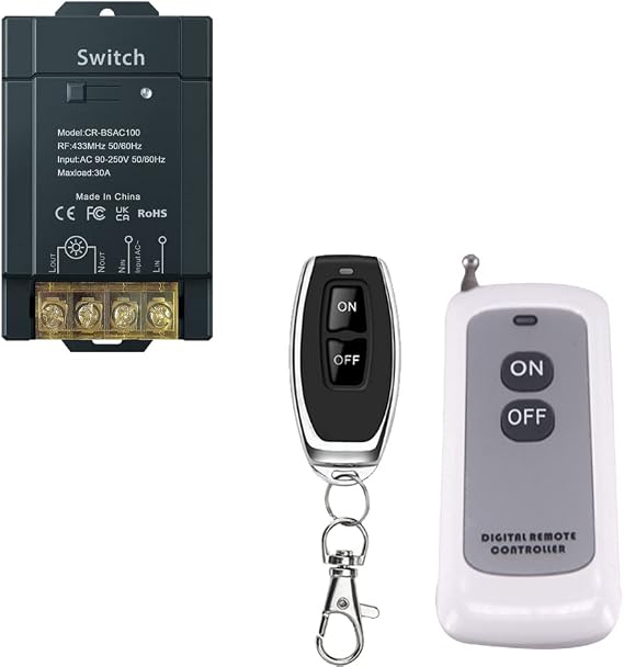 Remote Control Switch, AC100V/110V/220V/230V/240V RF Remote Light Switches for Pump Security Systems Door Curtain Gate Barriers with 1600ft Long Range (100V-240V-30A Relay/2 Remote)