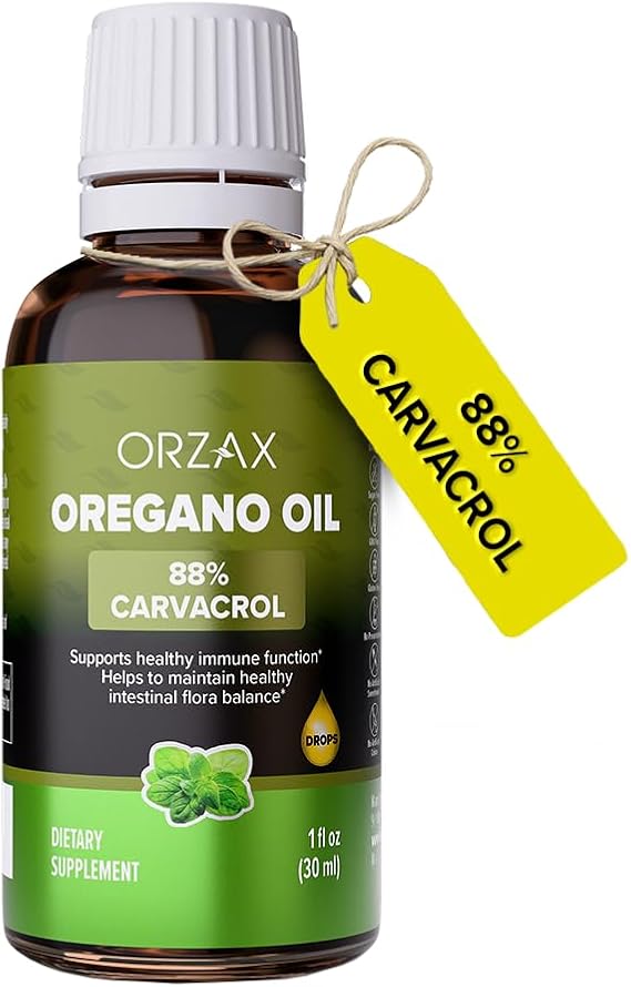ORZAX Oregano Oil Drops with Olive Oil - 88% Carvacrol and 0.3% Thymol - Non-GMO & Sugar-Free & Gluten-Free & Vegan - Herbal Supplement for Immune Support and Digestive Health - 30 ml - 200 Day Supply