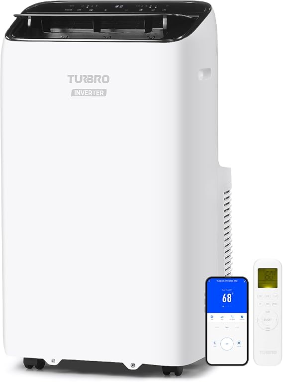 TURBRO Greenland 14,000 BTU Inverter Portable Air Conditioner, High Efficiency, Quiet Operation, Cools Up to 600 Sq. Ft., Dehumidifier & Fan, with Remote, WiFi, and Alexa/Google Assistant