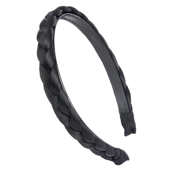 Width 0.6 inches Narrow Synthetic Hair Plaited Headband Braid With Teeth Hair Band Accessories for Women Girl (Black)
