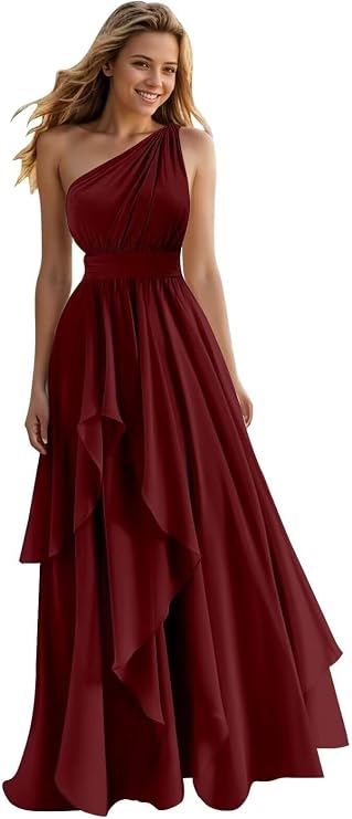 A Line One Shoulder Bridesmaid Dresses for Wedding Ruffles Chiffon Long Formal Evening Party Gowns with Pockets Burgundy
