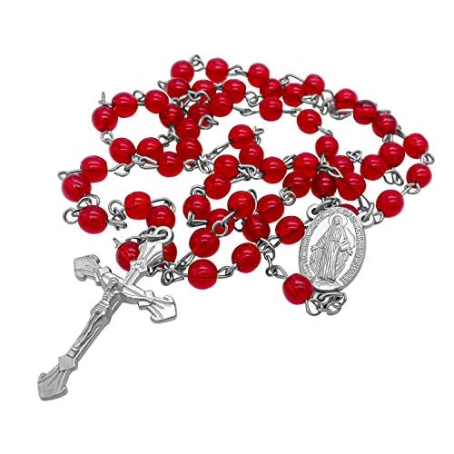 Nazareth Store Red Glass Beads Rosary Catholic Necklace Prayer Miraculous Medal