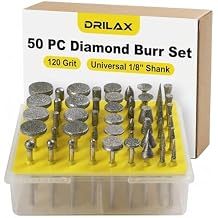 Drilax 50 Pc Diamond Rotary Tool Bits Set, 120 Grit Carving Engraving Burr Kit, 1/8 Inch Shank Compatible with Dremel, for Stone Rock Glass Ceramics Polishing Shaping
