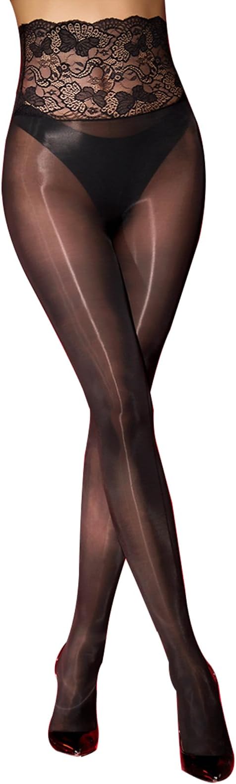 HTRUIYA Shiny Oil Pantyhose for Women Ultra Shiny Sheer Tights Seamless Pantyhose Lace Waistline Shimmery Stocking