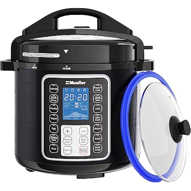 Mueller 6 Quart Pressure Cooker 10 in 1, Cook 2 Dishes at Once, Tempered Glass Lid incl, Saute, Slow Cooker, Rice Cooker, Yogurt Maker and Much More