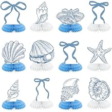 12 Pcs Blue Bow & Seashell Birthday Party Table Decor, Blue Bow Honeycomb Centerpieces, Summer Coastal Beach Party Decor, Starfish Seashell Table Topper for Birthday Bachelorette Bridal Wedding