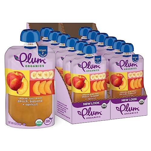 Plum Organics - 6 Months Organic Baby Food - Peach, Banana & Apricot - Non-GMO - Fruit & Veggie Blends On-The-Go Pouches for Baby & Toddler Meals - Quality Tested Ingredients - 4 oz Pack Of 12