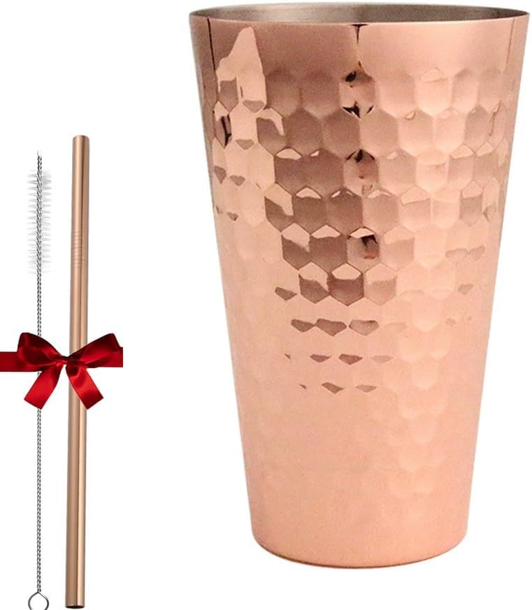 12 Oz Copper Cups 100 Pure Copper for Drinking, 100% Copper Coffee Mugs with Cocktail Straws, Real Hammered Copper Tumbler Cup, Easy Care Finish, For Cold Drinks, Beer, Wine, Bars, Parties