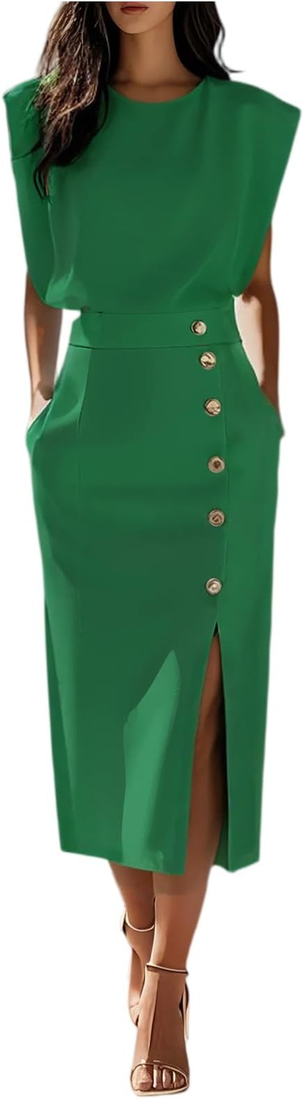 FUPODD Sheath Dress Women's Elegant for Wedding Long Cocktail Dress Business Dress Wedding Guest Midi with Slit Evening Dress Festive Dresses Buttons Midi Dress Women with Pockets Summer Dress Elegant