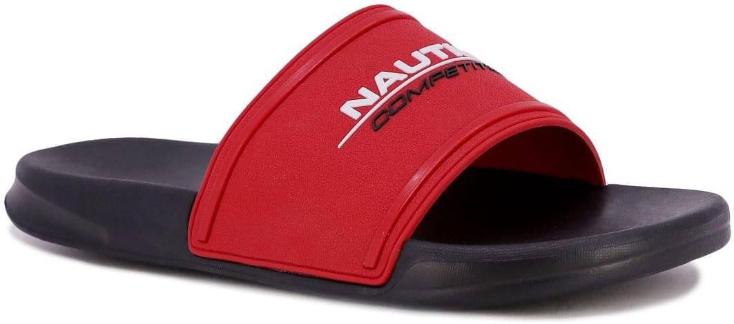 Nautica Mens Shower Sandals Open Toe Soft Slide House Slipper for Indoor & Outdoor Shower Slippers Competition-Holten-Red Black-Size-12