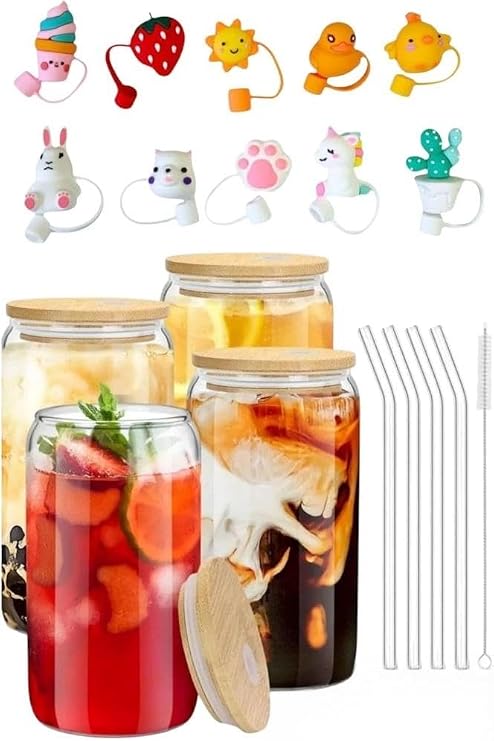 Yenigeldi 4 Adet Bambu Kapaklı Cam Bardak Buzlu Kahve Smoothie Kokteyl Bardağı 4 Cam Pipet Ve 2 Temizleme Fırç,Şeffaf
