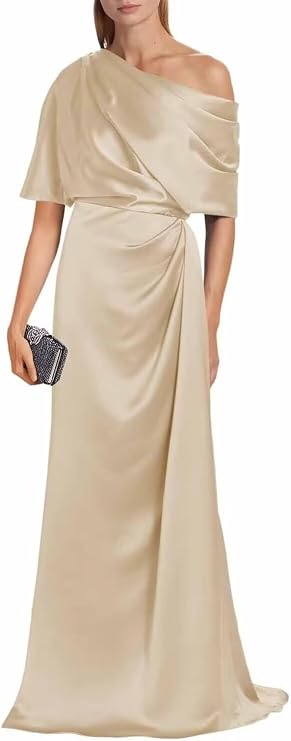 Satin Mother of The Bride Dresses for Wedding One Shoulder Formal Dress with Sleeves Mermaid Evening Party Gowns