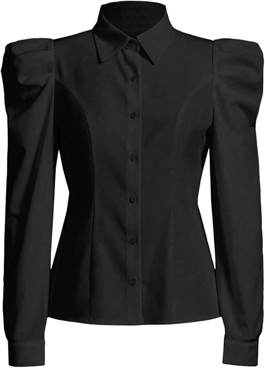 Floerns Women's Elegant Puff Long Sleeve Collared Shirts Dressy Blouse Top