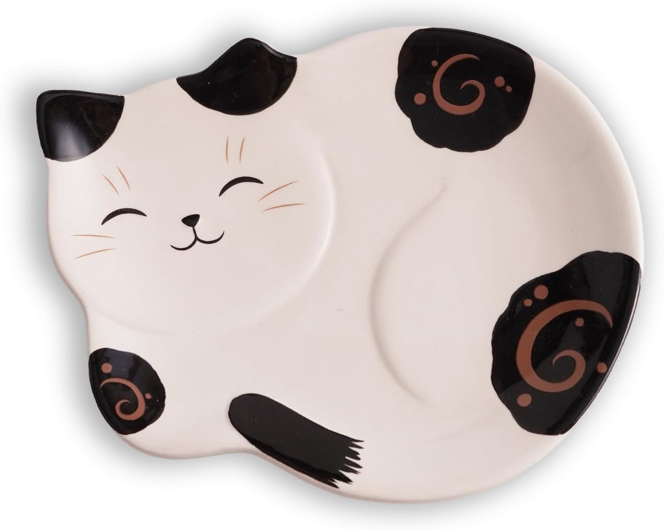 Cat Shaped Ceramic Plate – 6.8 x 5.1 inch Small Japanese Mino Ware Dish for Dessert, Snacks, or Appetizers (Bicolor)
