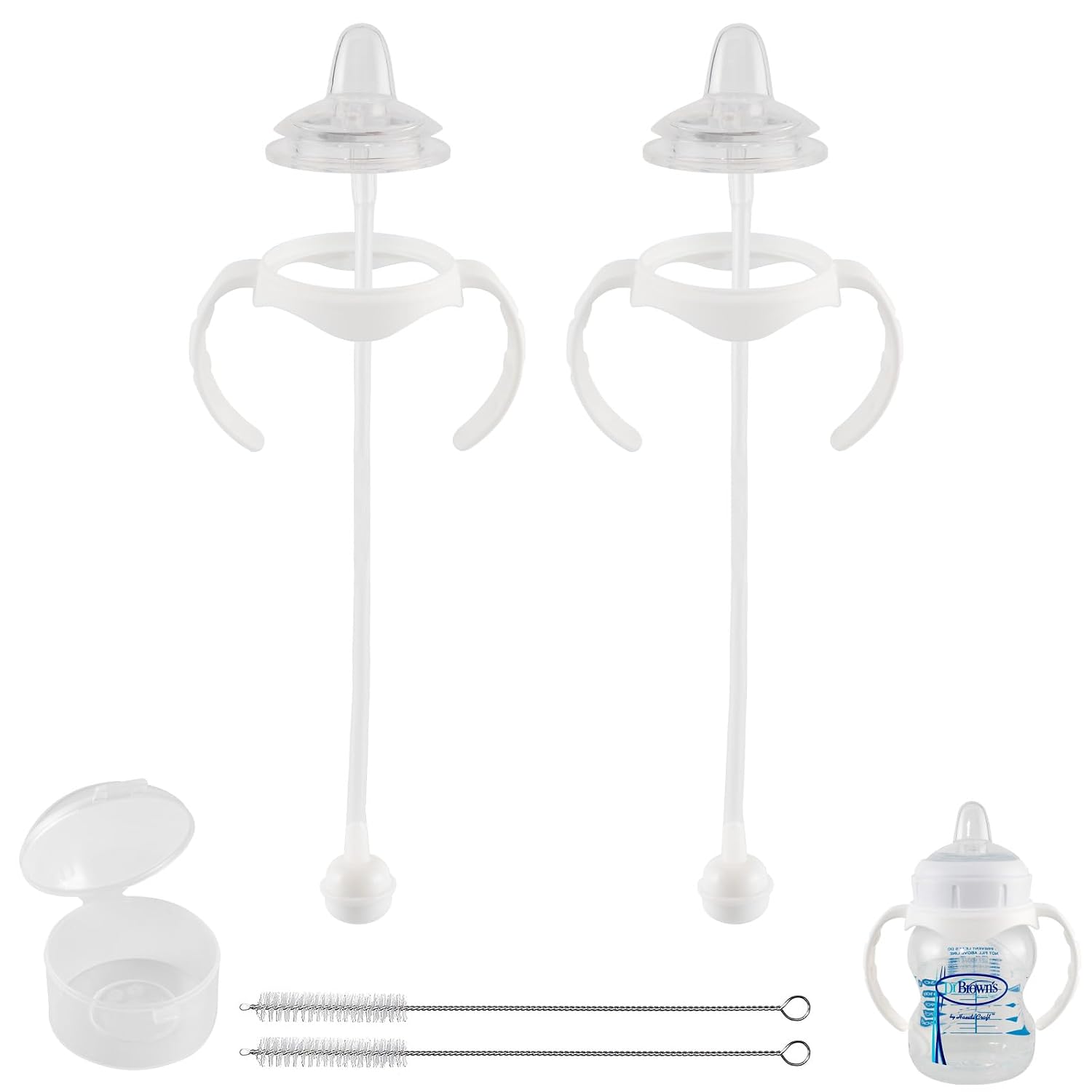 Sippy Cup Conversion Kit for Dr Browns Wide-Neck Baby Bottles, Spill-Proof Transition Kit with Silicone Sippy Nipple, Weighted Straw, Handle, 2 Pack, 6m
