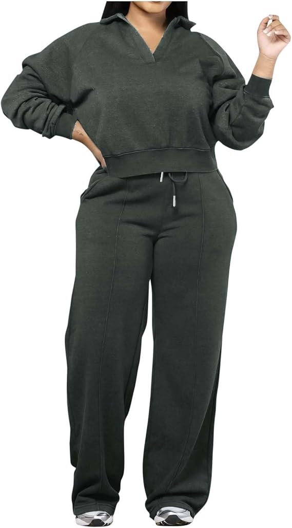 Sweatsuits Set for Women Cropped Lapel Pullover & Wide Leg Pants Sweat Set Fall Travel Tracksuit with Pockets