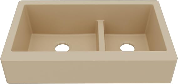Karran Retrofit Farmhouse/Apron-Front Quartz Composite 34 in. Double Offset Bowl Kitchen Sink in Bisque