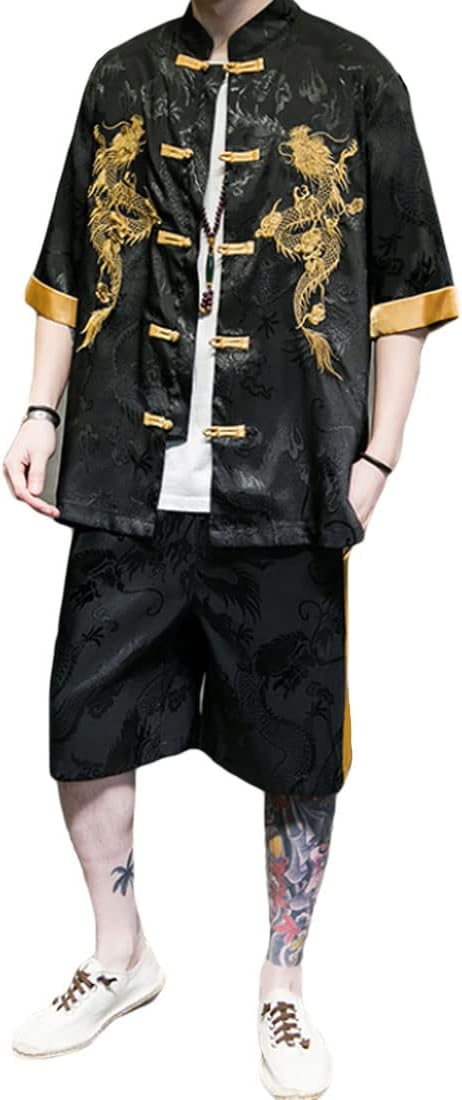 HZCX FASHION Men Chinese Dragon Embroidery Shirt Ice Silk Tshirt And Shorts Set