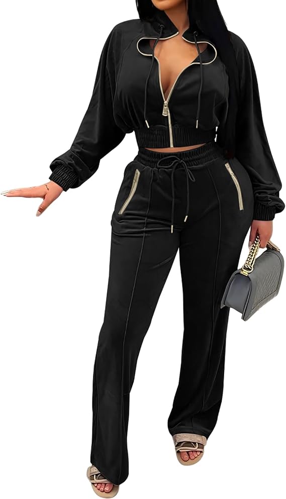 Adogirl Women 2 Piece Outfits Velour Zipper Sweatshirt Wide Leg Long Pants | Velvet Tracksuit, Long Sleeve Jacket, V Neck Full Zip Up, Wide Leg Pant With Two Pockets, 2 Pieces Velour Sweatsuit Set