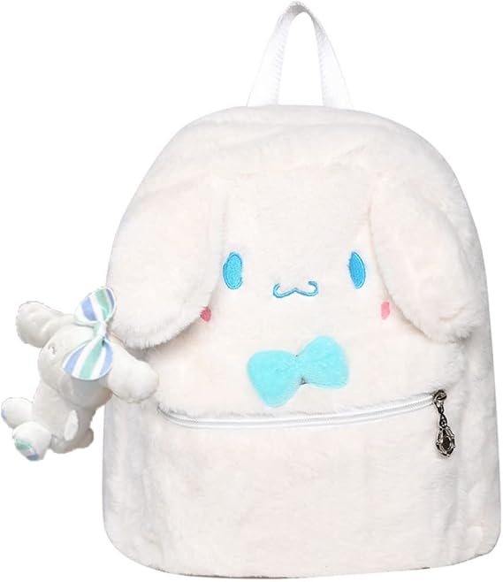NUFR Bunny Ears Plush Backpack Furry Rabbit Kawaii Backpack Pendant Cute Fuzzy Backpack Fluffy School Bag (Milky white)
