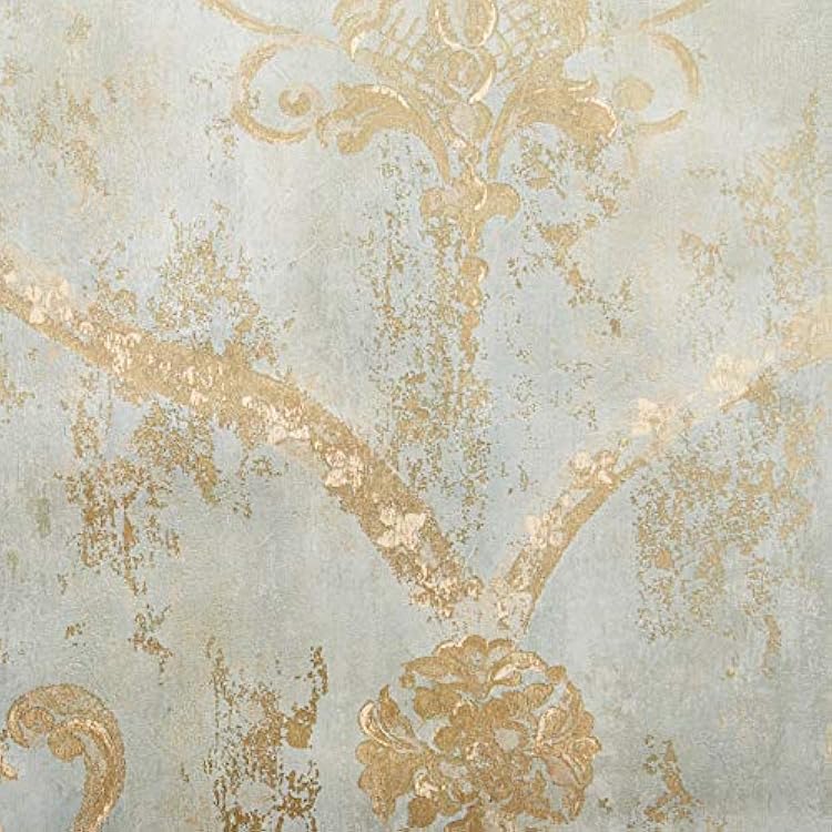 Norwall Wallpaper Gold Regal Damask on Aqua Textured Background, White, 20.5 x 11yds