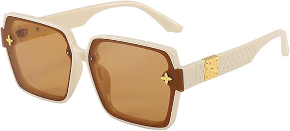Fashion Square Sunglasses for Men Women Retro Thick Frame with Floral Metal Accents UV400 Rectangle Shades 145mm(Beige Frame/Brown Lens F2)