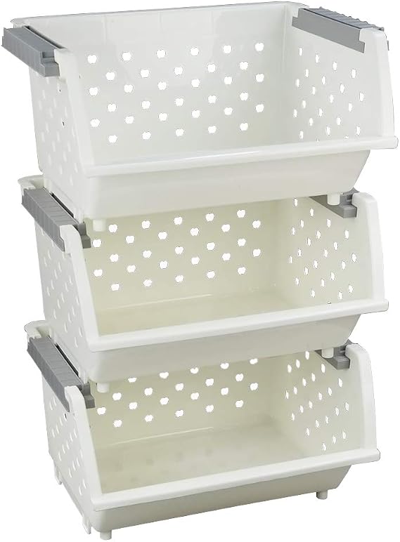 3-Pack Plastic Stacking Storage Organizer Basket, White