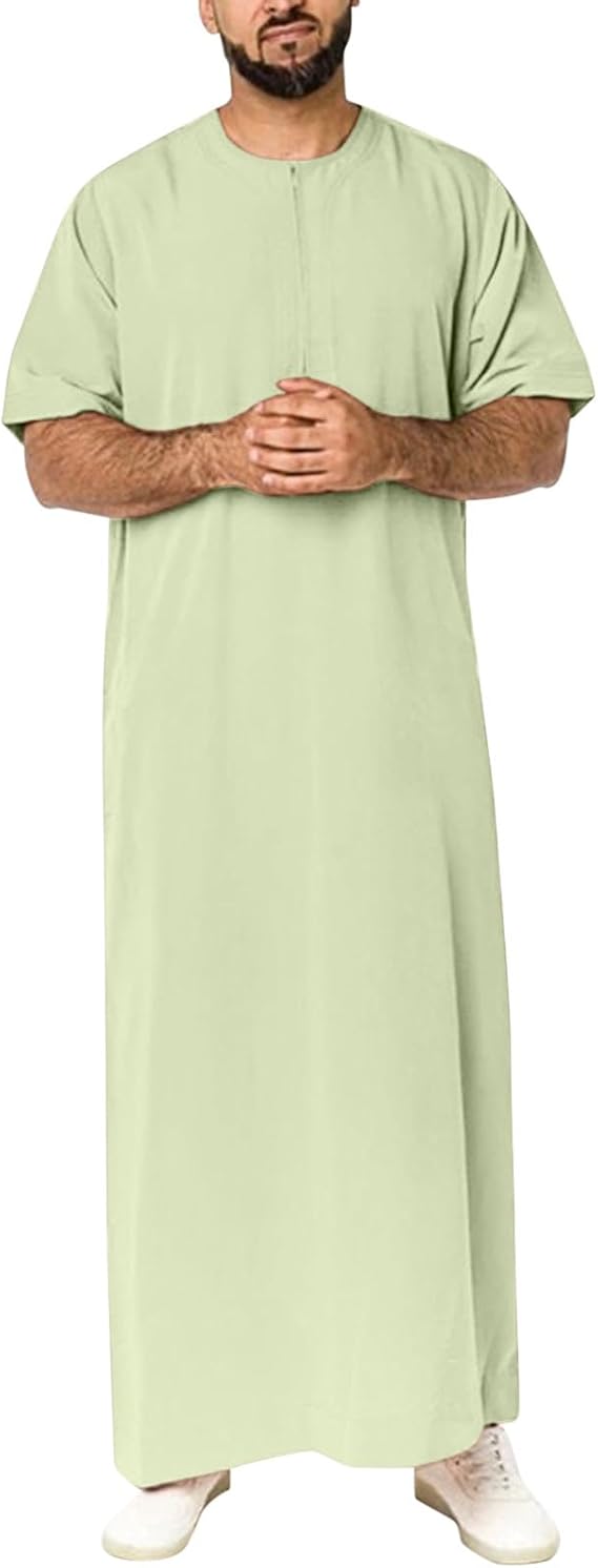 Thobe for Men Round Neck Half Zipper Muslim Kaftan Middle Arab Mens Caftans Casual Short Sleeve Long Gown Dress