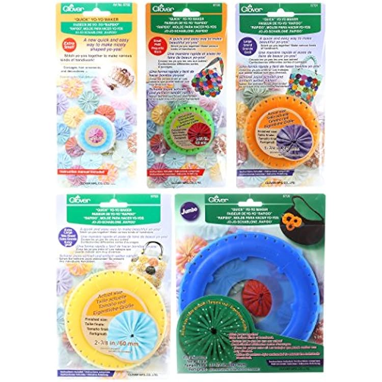 Bundle of Five (5) Quick Yo-Yo Makers: Extra Small (makes 3/4" yo-yos), Small (makes 1.25" yo-yos), Large (makes 1.75" yo-yos), Extra Large (makes 2-3/8" yo-yos), and Jumbo (makes 3.5" yo-yos)