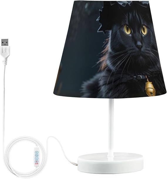 Black Cat Helloween Bedside Table Lamp Shade 3-Way Dimmable Desk Lamp with USB Port Nightstand Lamp for Bedroom Living Room Desk Dorm Home Office (LED Bulb Included)