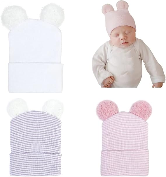 Newborn Baby Hat Infant Caps Baby Boy Girl Toddler Hospital Hats Bow Double Layer Knit Beanie Cap for 0-3 Months