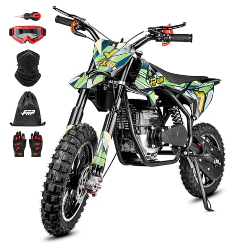 FRP FX40-Ogemaw Kids Dirt Bike, 40CC 4-Stroke Gas Powered Mini Dirt Bike with GogglesNeck GaiterGloves, 20 MPH Max Speed, Dual Disc Brakes, 132 LBS Capacity - Green