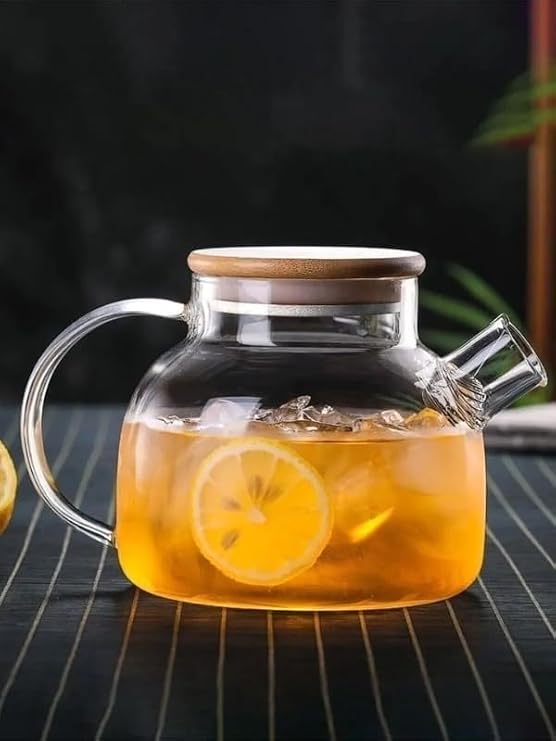 Heat Resistant Borosilicate Glass Teapot with Deconox Vacuum Bamboo Cover, Strainer (1000 ML) | Teapot.Deconox Vacuum Borosilicate Glass Teapot with Bamboo Cover – Strainer and Heat Resistant Teapot (1000 ML)