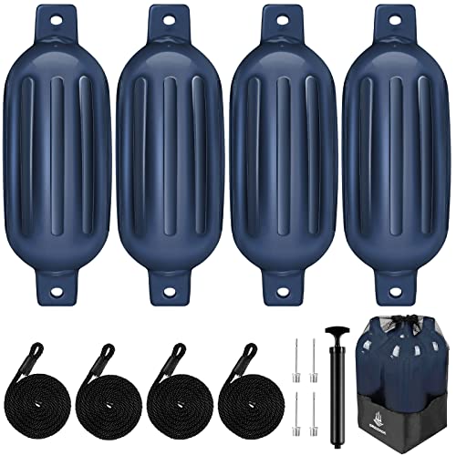 Dreizack Boat Fenders 4 Pack, Boat Bumpers for Docking with 4 Ropes, Inflatable Ribbed Marine Pontoon Boat Fender Bumper for Docks with 1 Storage Bag, 1 Air Pump and 4 Needles