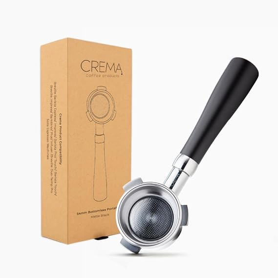 CREMA Coffee Products 54mm Bottomless Naked Portafilter | Compatible with 54mm Breville Machines | Includes Double Shot Filter Basket | Matte Black