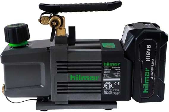 hilmor BVP2CFM 2CFM Battery Powered Vacuum Pump for HVAC Tools and Equipment, 9Ah 18 Volts, 1/2 Horsepower, 11 oz. Oil Capacity A2L Compliant