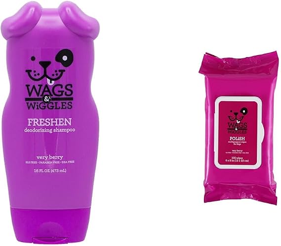 Wags & Wiggles Fresh & Clean Bundle in Very Berry Scent: Freshen Deodorizing Dog Shampoo, 16 Oz and Polish Multipurpose Wipes, 100 Count - Odor Control & Coat Conditioning Without a Bath